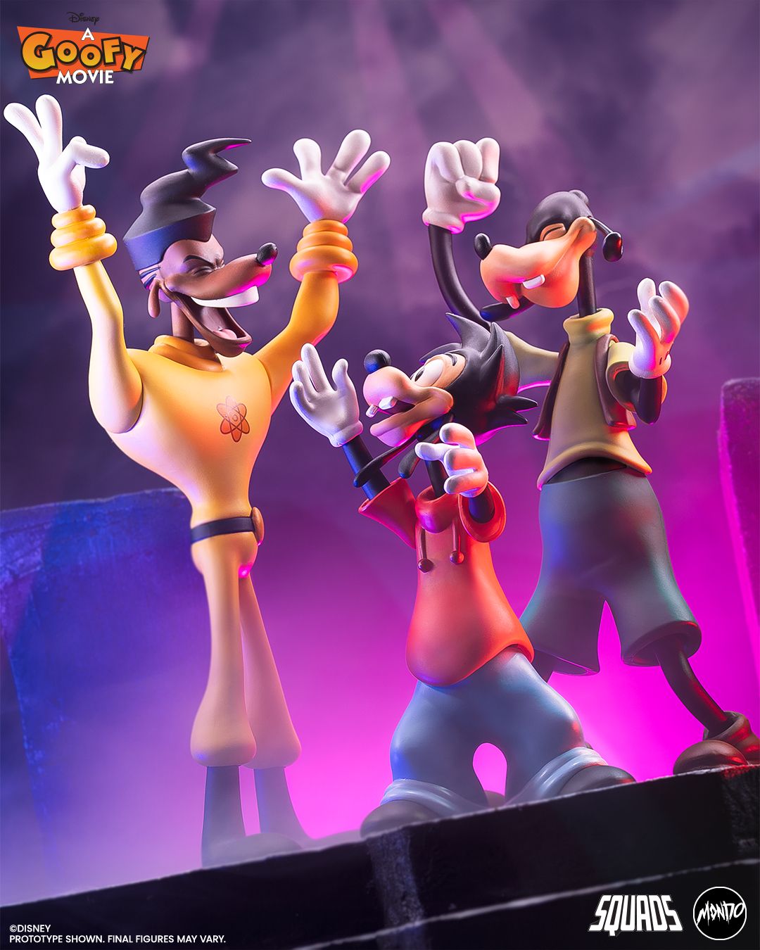A Goofy Movie figures posing against themed backgrounds