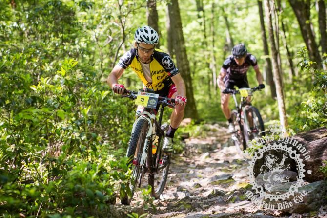 2013 NoTubes Trans-Sylvania Epic men&rsquo;s winner Justin Lindine leads Sam Koerber on some rocky singletrack.