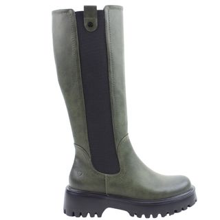 green knee high boots with black stretch panel