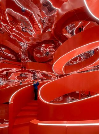 red installation at 3XN 'Aware: Architecture and Senses'