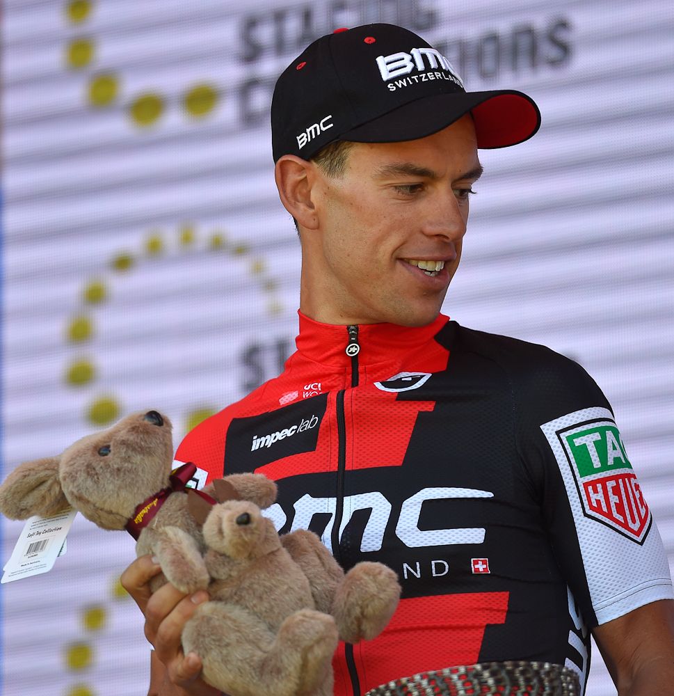 Richie Porte from Team BMC stands on the podium after winning the second stage of the Tour Down Under