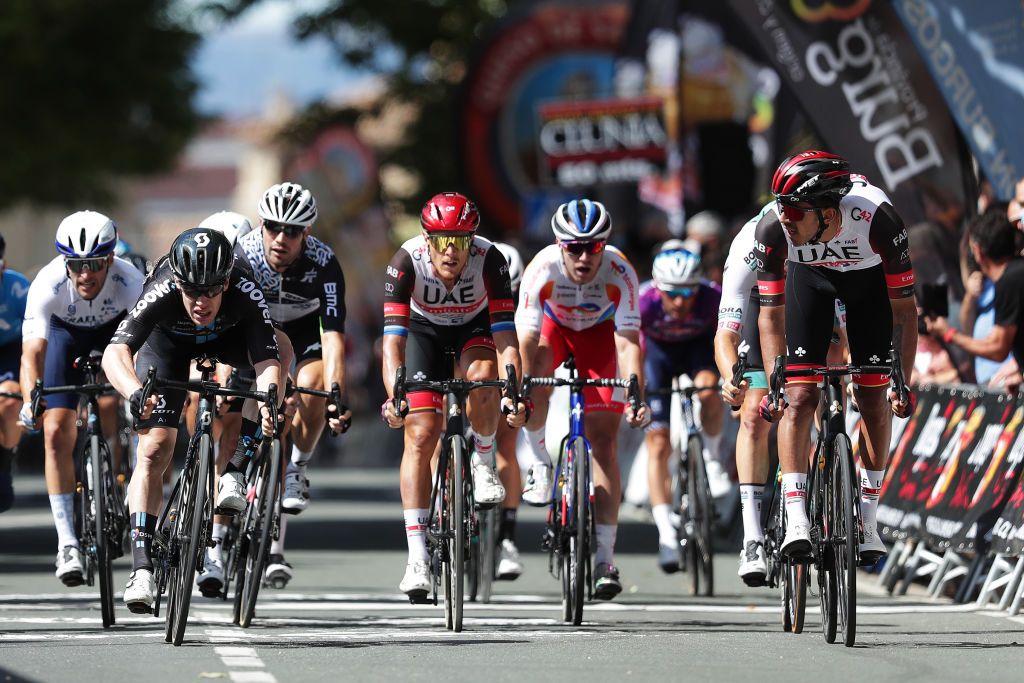 BRIVIESCA SPAIN AUGUST 04 LR Alberto Dainese of Italy and Team DSM Matteo Trentin of Italy Juan Sebastin Molano Benavides of Colombia and UAE Team Emirates sprint at finish line during the 43rd Vuelta a Burgos 2021 Stage 2 a 175km stage from Tardajos to Briviesca VueltaBurgos BurgosCycling CapitalMundialdelCiclismo on August 04 2021 in Briviesca Spain Photo by Gonzalo Arroyo MorenoGetty Images
