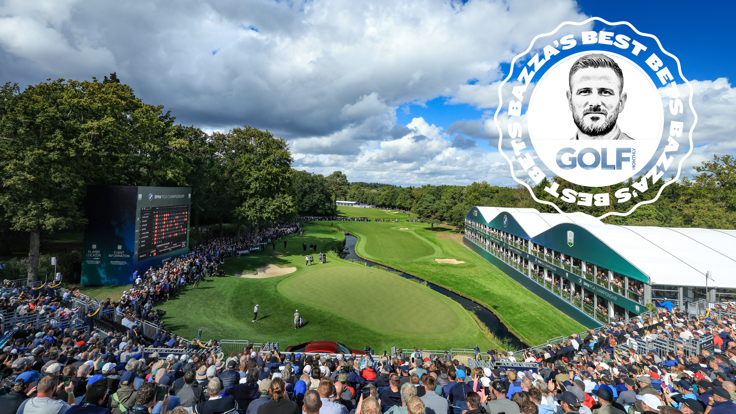 The 18th green at the BMW PGA Championship venue Wentworth Club, with an inset image of the Bazza's Best Bet logo
