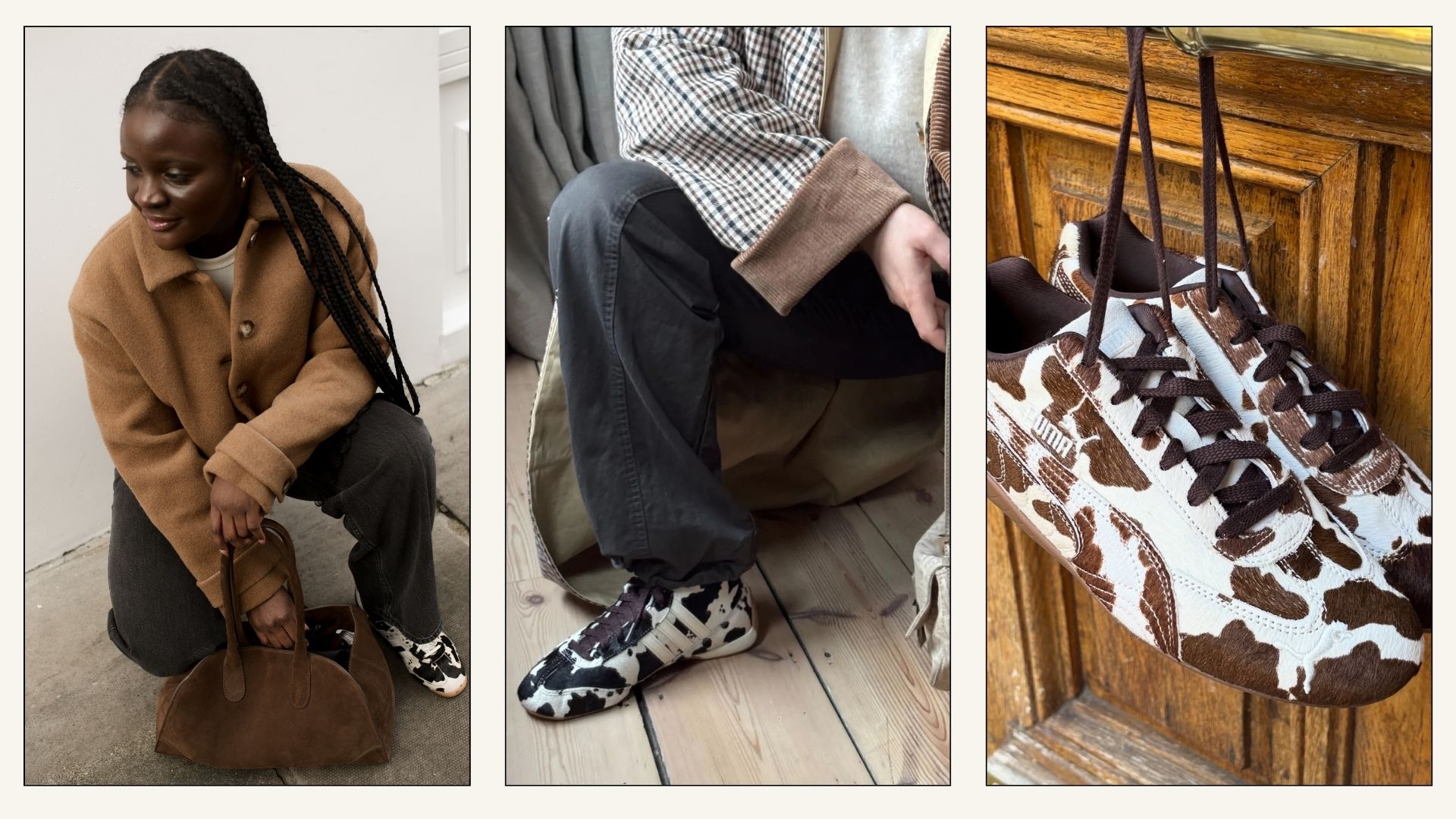 Collage of people wearing cow print trainers.
