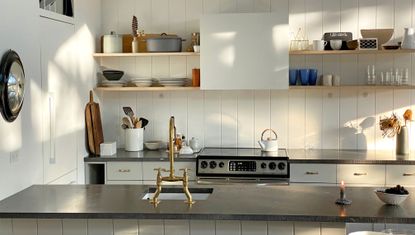 Jenna Lyons' beach house kitchen with black surfaces and white paint 