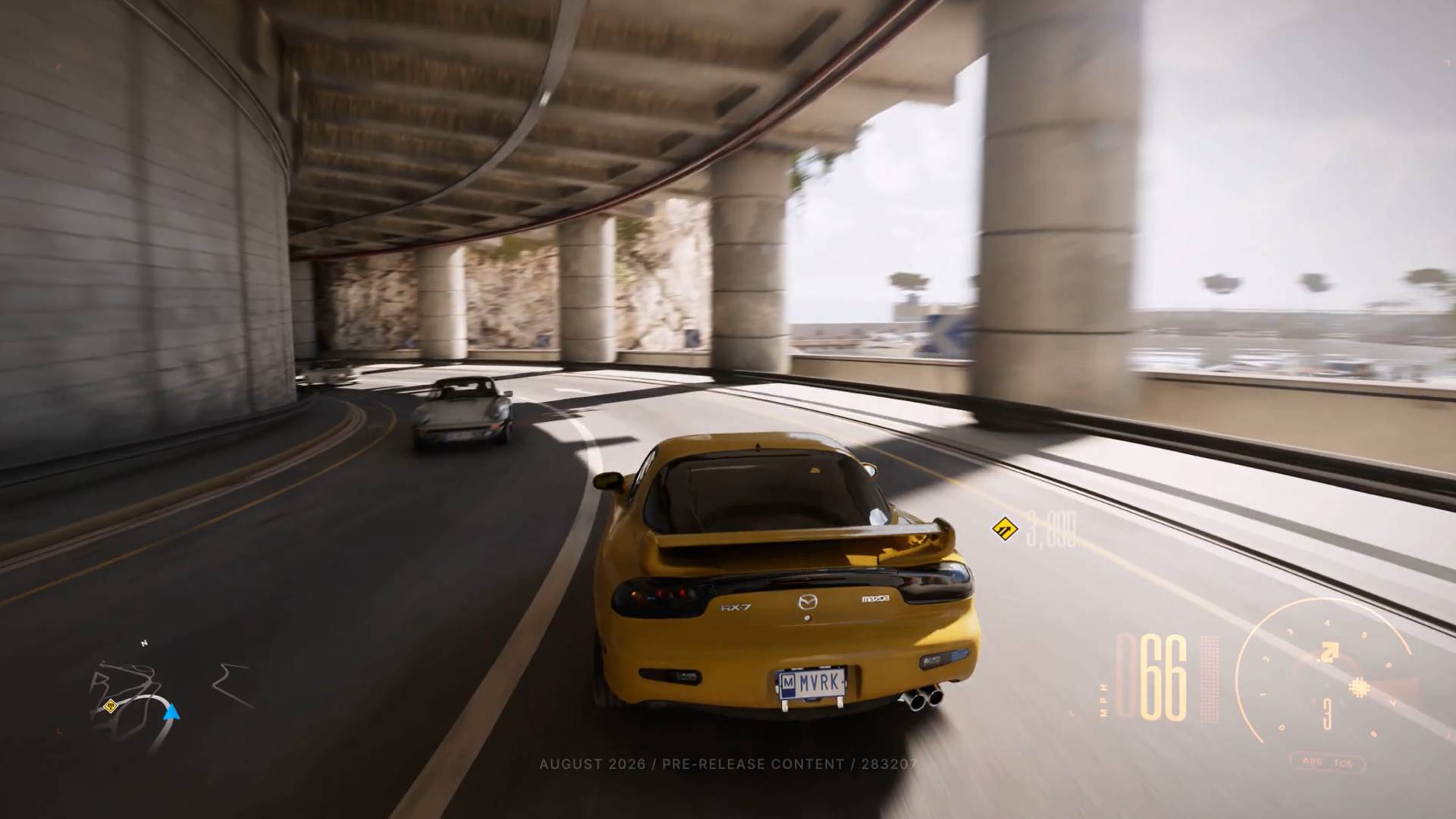 Clutch driving game screenshot yellow mazda driving through the tunnel in Monaco