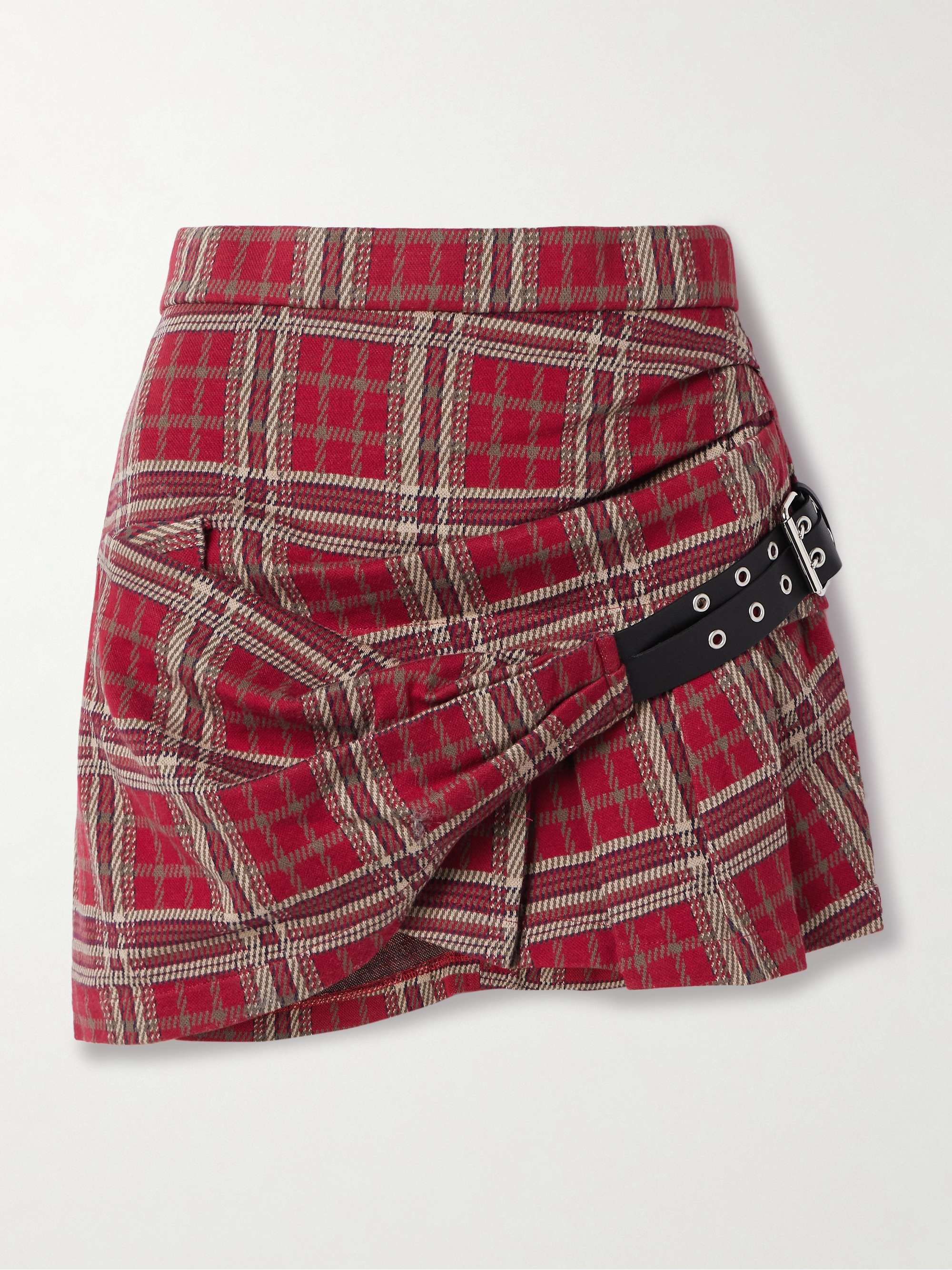 Gisen Belt-Detailed Draped Checked Cotton Mini Skirt