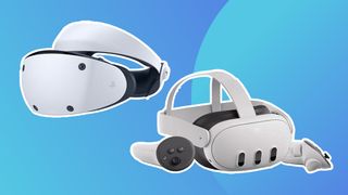 Best VR headsets; two white VR headsets on a blue background