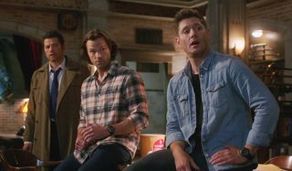 Supernatural Castiel, Sam, and Dean hanging out in the office