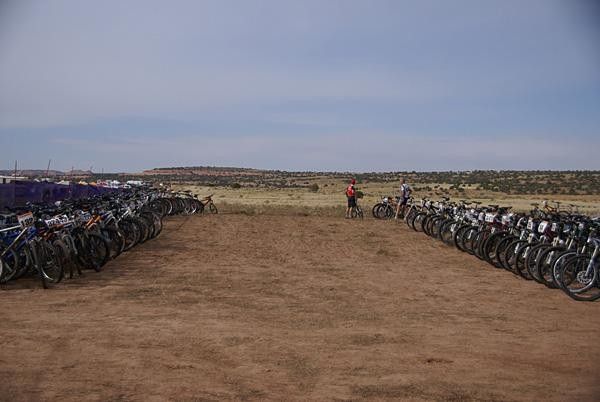 A fleet of bikes await the next round of racers.