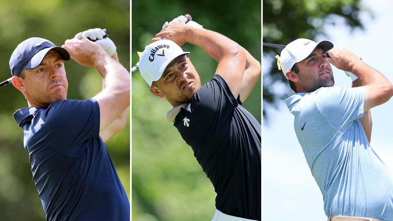 Three image photo of Rory McIlroy (left), Xander Schauffele (centre), and Scottie Scheffler all hitting shots