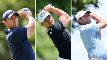 Three image photo of Rory McIlroy (left), Xander Schauffele (centre), and Scottie Scheffler all hitting shots