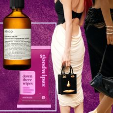 purple background with butt care products and cutouts of women's butts