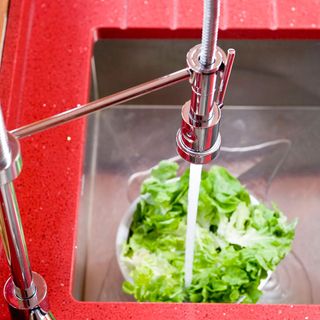 kitchen sink with salad vegetable and tap water