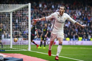 Gareth Bale celebrates after scoring a goal for Real Madrid against Espanyol in February 2017.