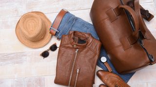 Brown leather jacker, bag, shoes