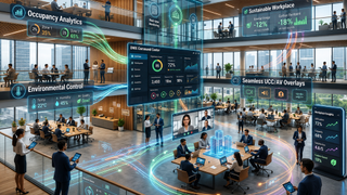 A hectic three-floor company with AVI-SPL data superimposed to show analytics of work. 