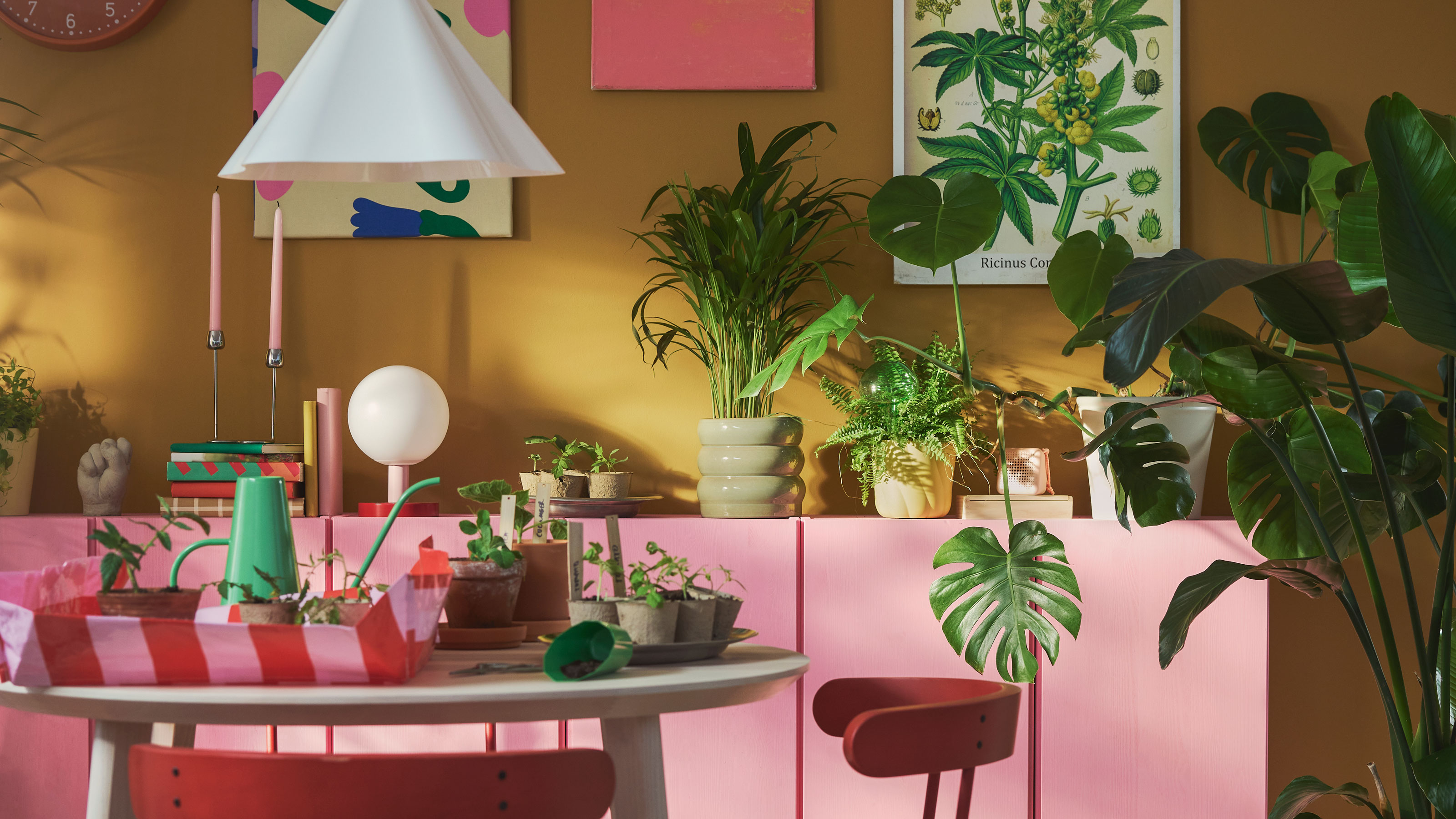 Pink and red stripe potting mat on a table with pot plants