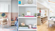 collage of a tidy bedroom, styled shelves and kitchen to support the 1-3-5 decluttering method