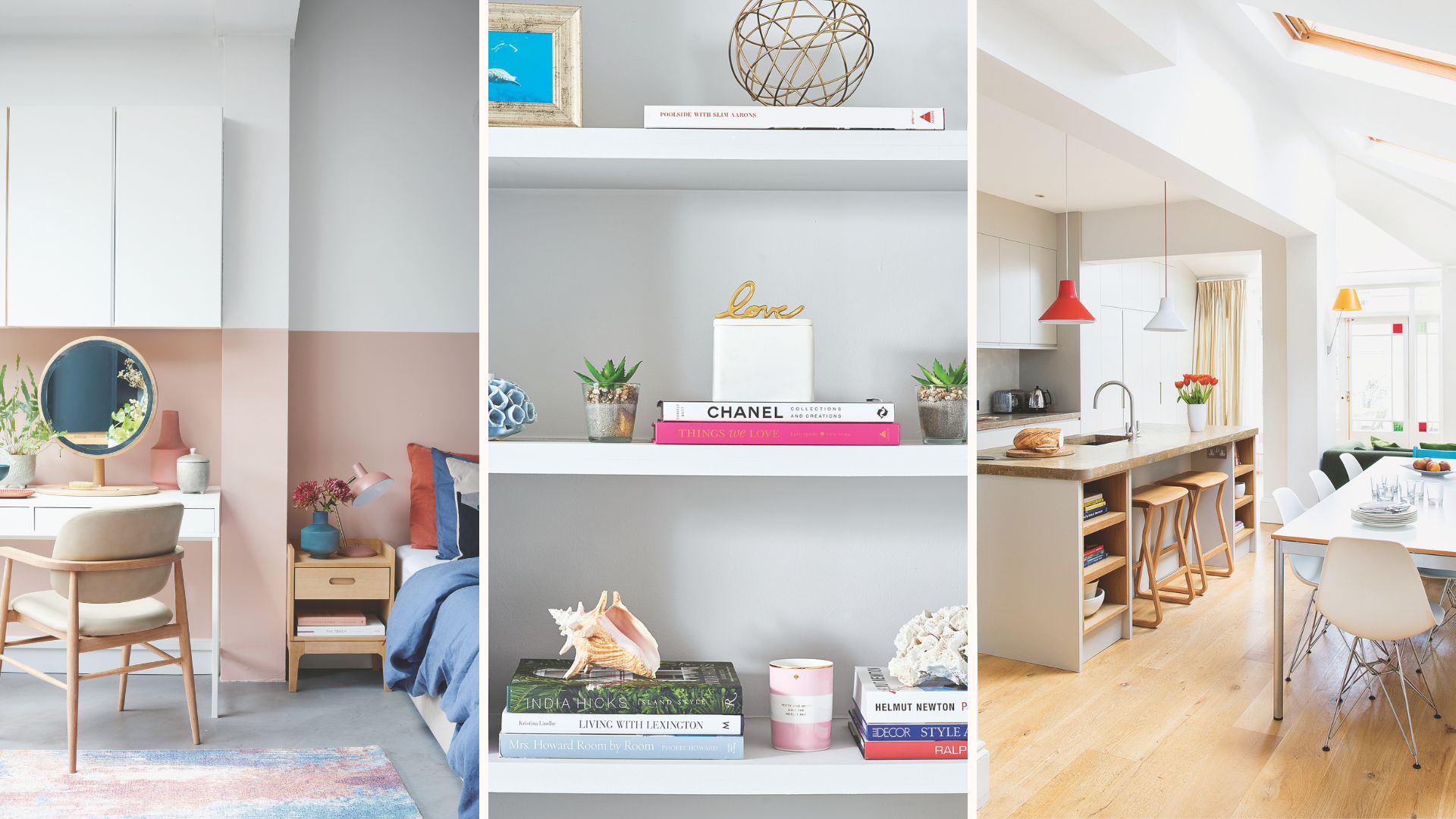 collage of a tidy bedroom, styled shelves and kitchen to support the 1-3-5 decluttering method