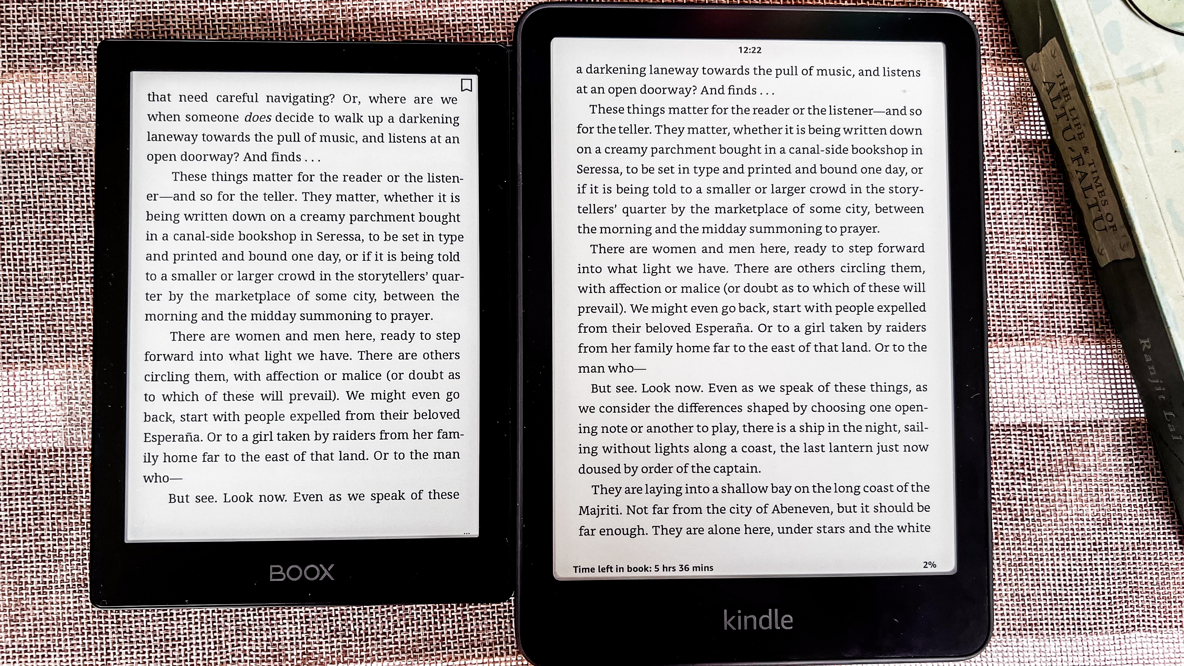 The same page of a book displayed on the Onyx Boox Go 6 (left) and the 2024 Amazon Kindle Paperwhite