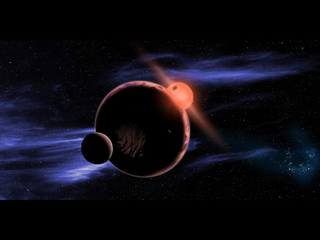 An artist's conception of an exoplanet with two moons orbiting in the habitable zone of a red dwarf star.