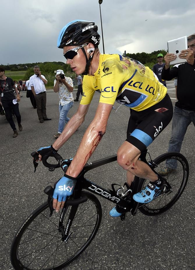 Chris Froome (Team Sky) crashed on the descent late in the race