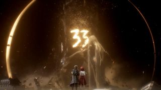 Clair Obscur: Expedition 33 screenshot of the Paintress painting the number 33 onto a distant pillar while Gustave and Sophie watch from the harbor port, framed by a circle of light