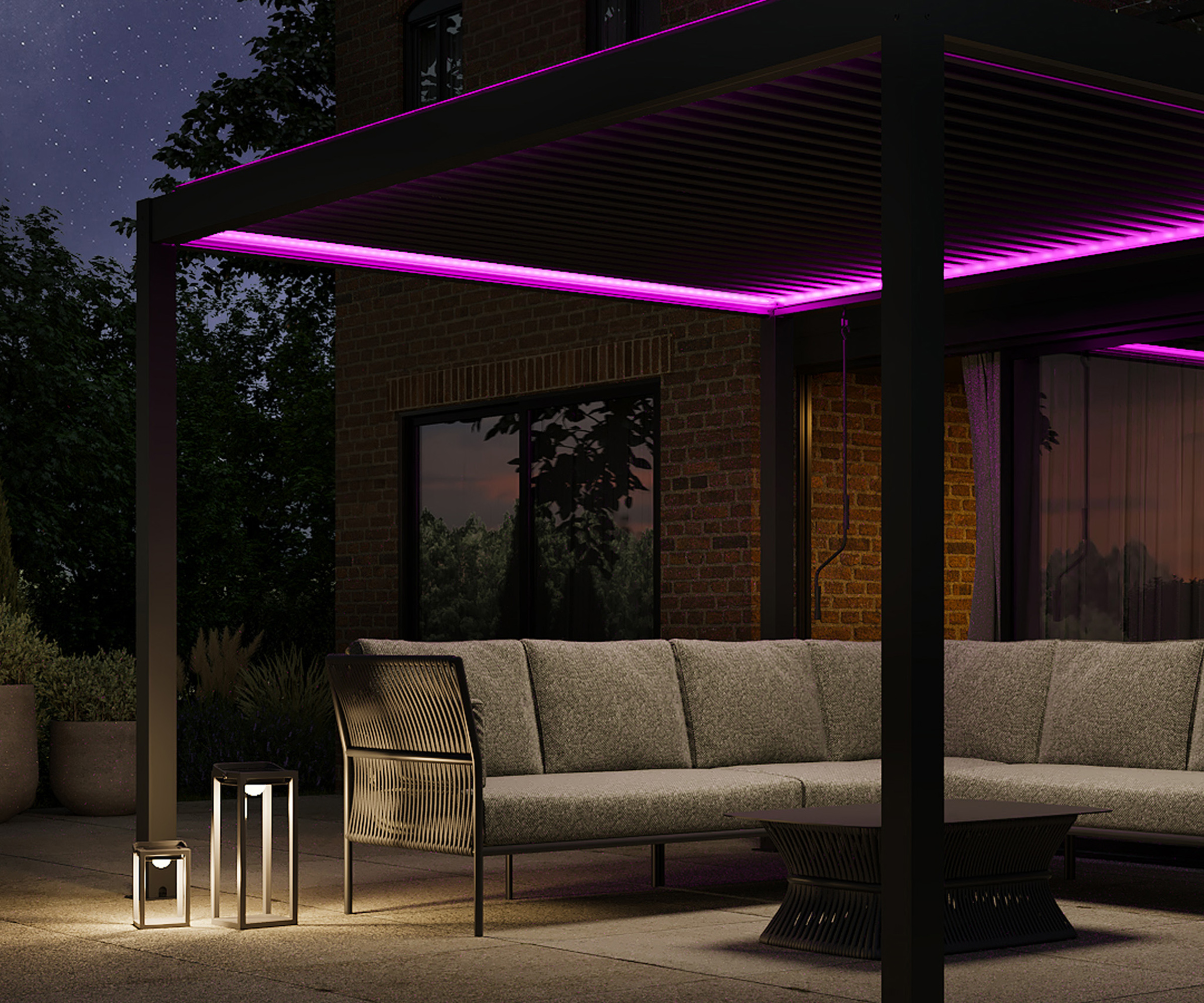 A modern pergola structure lit with pink LED strip lighting