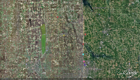 This map shows the calculated darkflight impact points for the meteor spotted over Lake Erie on On August 8, 2011, at 1:22 Eastern Daylight Time.
