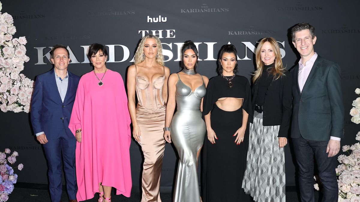 Rob Mills, Kris Jenner, Khloé Kardashian, Kim Kardashian, Kourtney Kardashian, Dana Walden and Craig Erwich attend the red carpet premiere for Hulu’s “The Kardashians&quot; in LA on April 7, 2022.