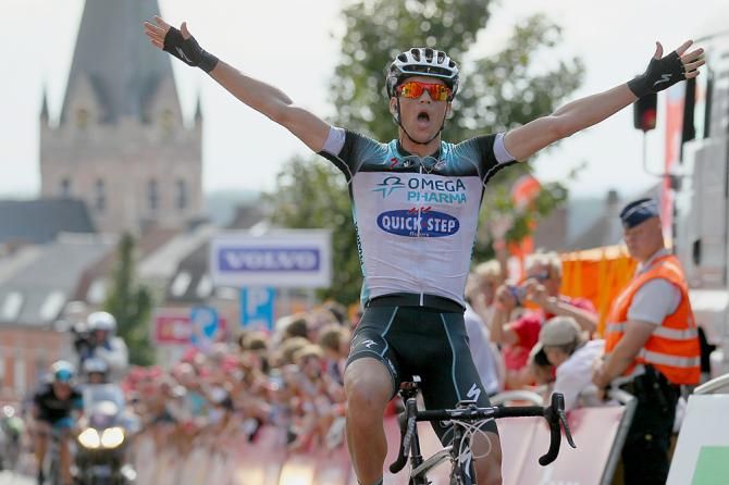 Zdenek Stybar (Omega Pharma-QuickStep) celebrates his stage win and overall Eneco Tour victory
