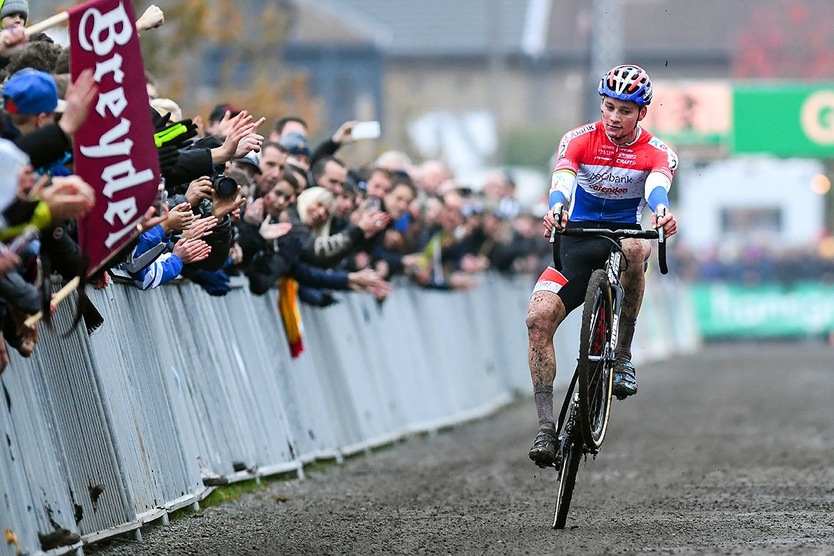Mathieu van der Poel (Beobank - Corendon) celebrates his Gavere victory with a wheelie.