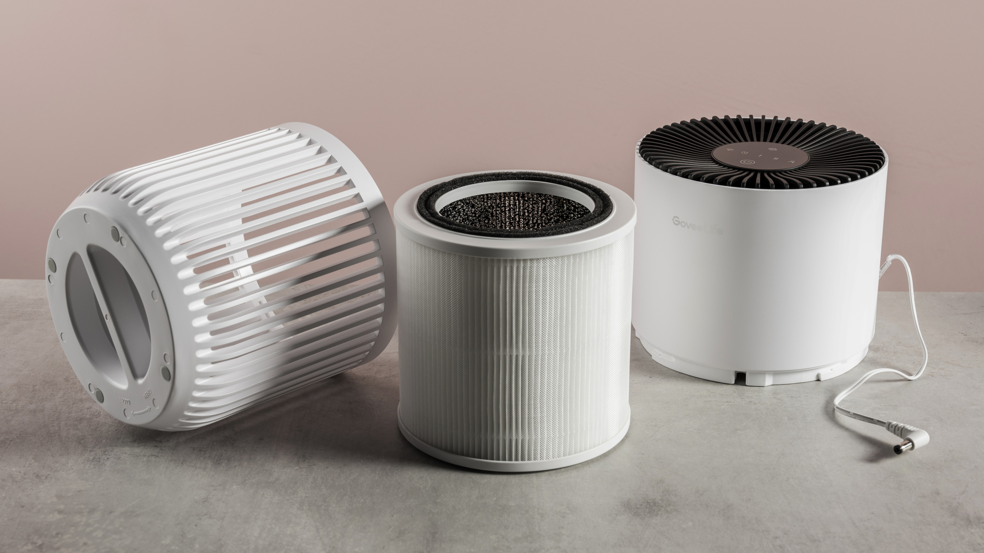 The individual components of the GoveeLife Smart Air Purifier Lite.