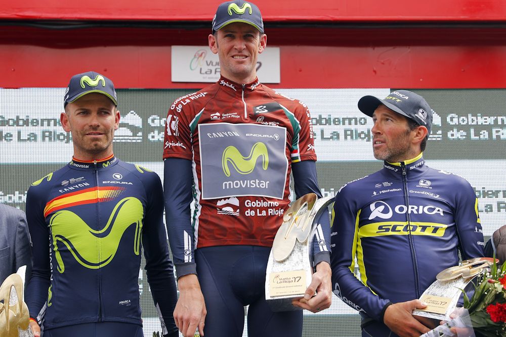 Rory Sutherland on the Vuelta a Riojas podium with teammat Joe Rojas and Orica's Michaell Albasini