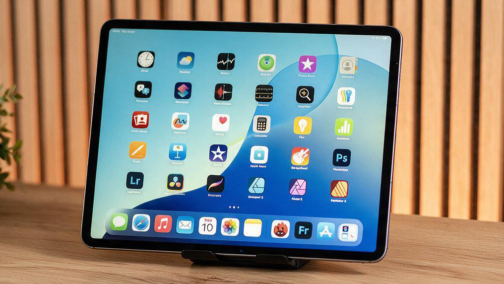 An iPad on a wooden desk against oak wood slats