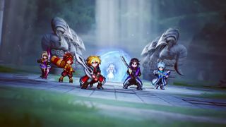 Pixel art scene of five fantasy warriors in vibrant outfits and armor standing ready in a mystical forest, flanked by stone statues and an ethereal blue portal.