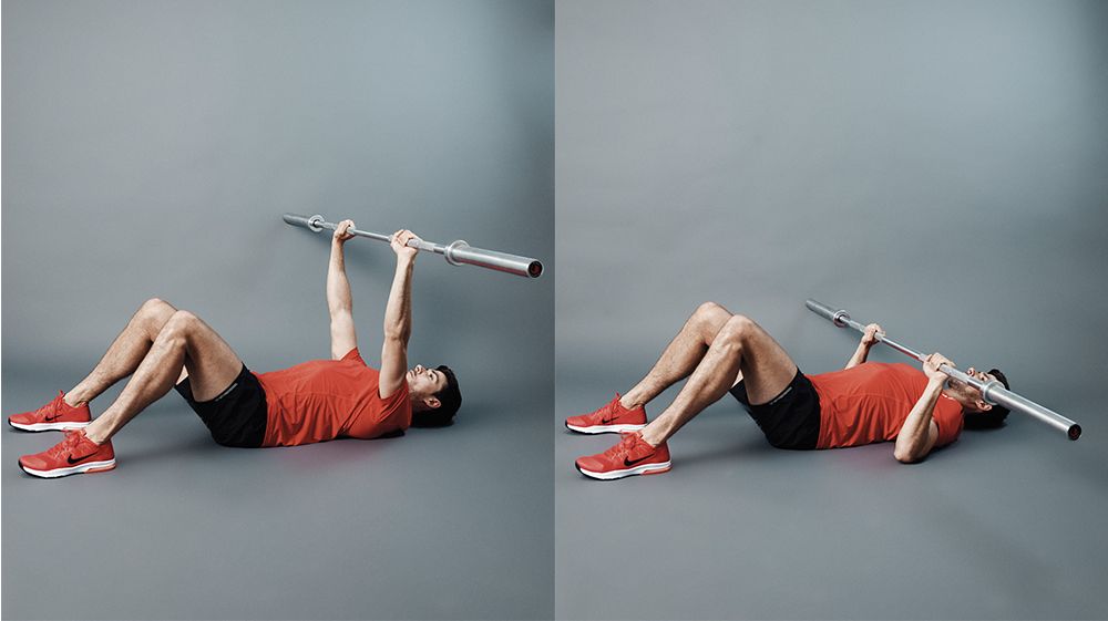 Man demonstrates two positions of the floor press using an empty Olympic barbell