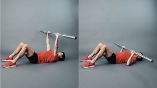 Man demonstrates two positions of the floor press using an empty Olympic barbell