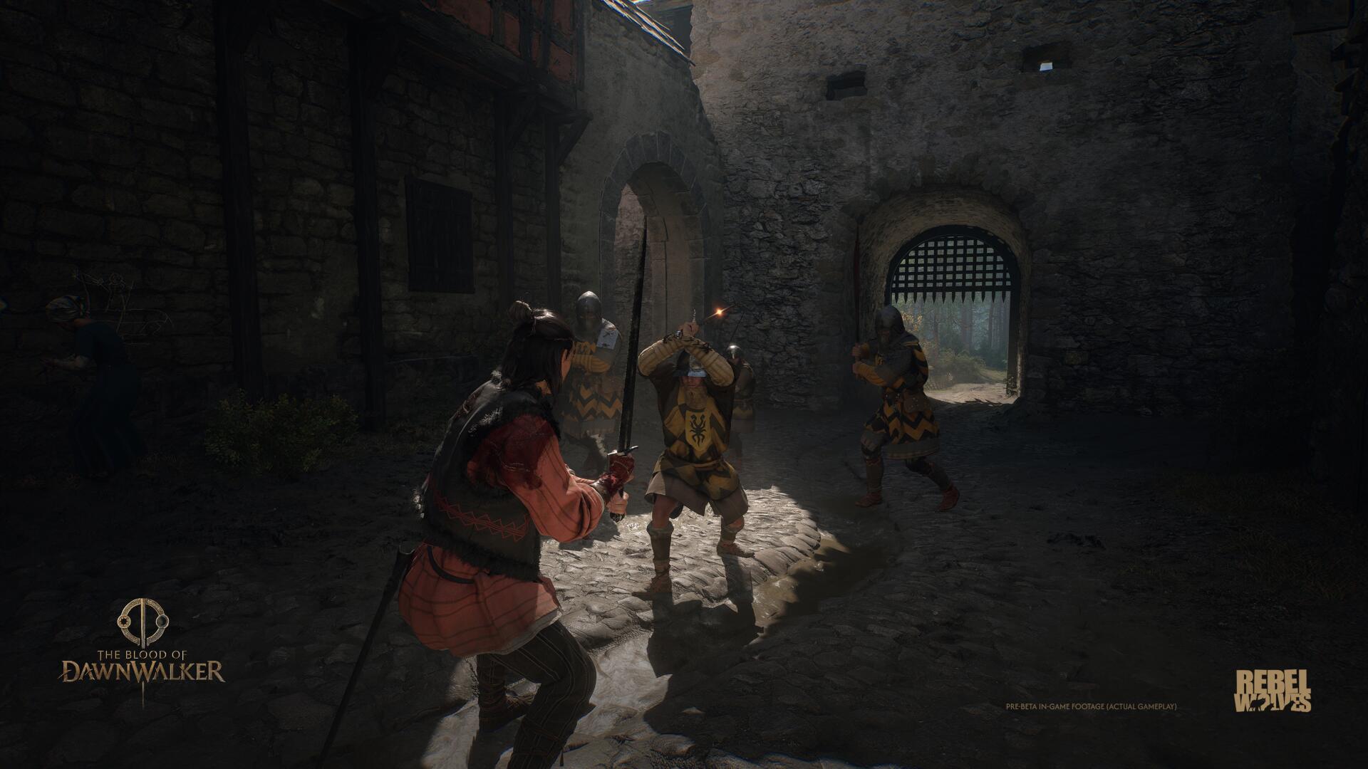 Coen stands sword in hand in The Blood of Dawnwalker as city guards attack, stood on cobblestone