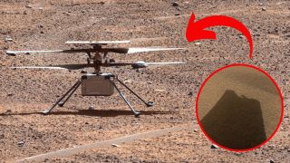 A small Mars helicopter sits on Mars with an inset of damaged rotor