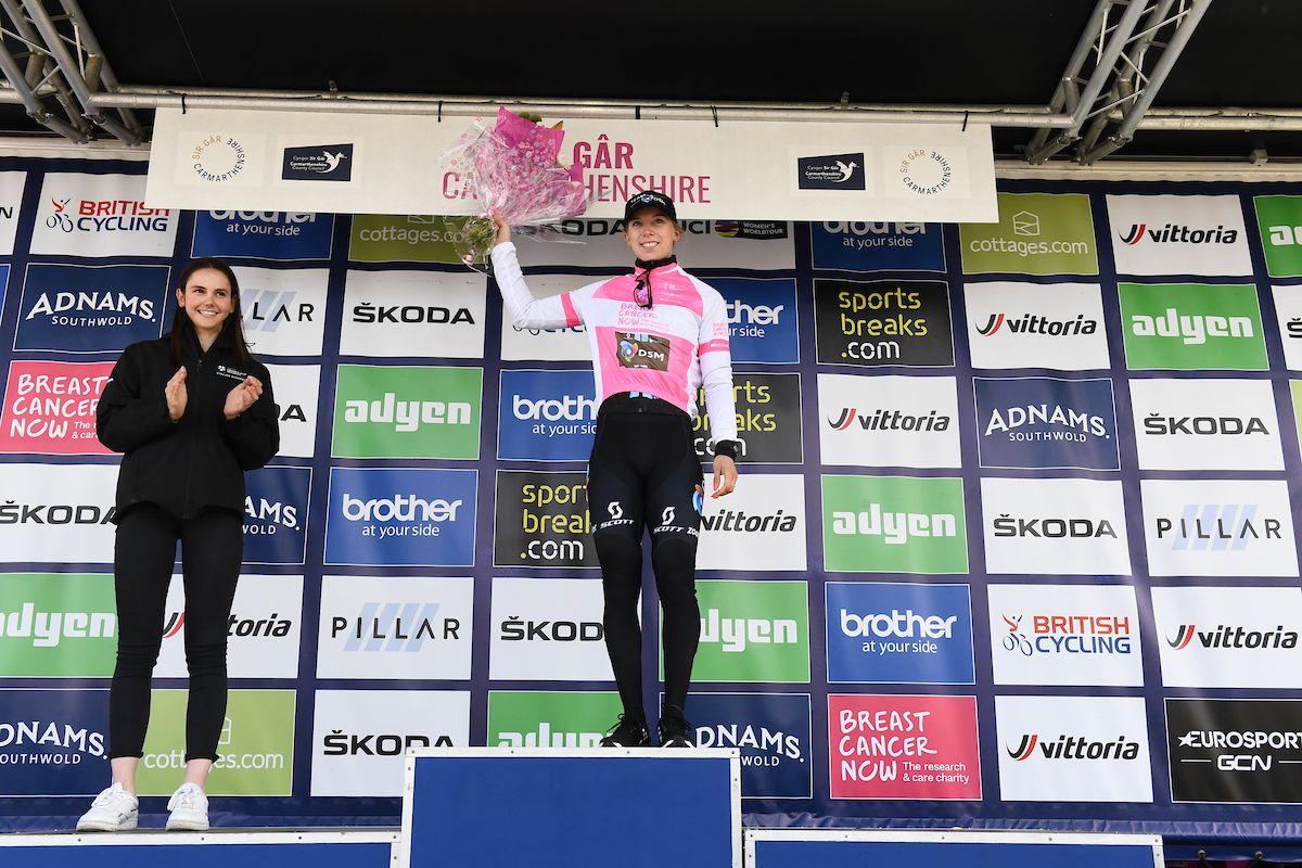 Picture by Simon Wilkinson/SWpix.com - 10/06/2022 - Cycling - The Women&acirc;s Tour 2022 - Stage Five - Pembrey Country Park to The Black Mountain, Wales - Lorena Wiebes of Team DSM on the podium leading the Breat Cancer Now Points competition