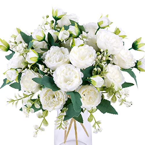 Floweroyal 2 Bunches Peony Artificial Flowers White Flowers Silk Peonies Bouquets for Wedding Party Table Centerpieces Floral Arrangement Home Kitchen Decor