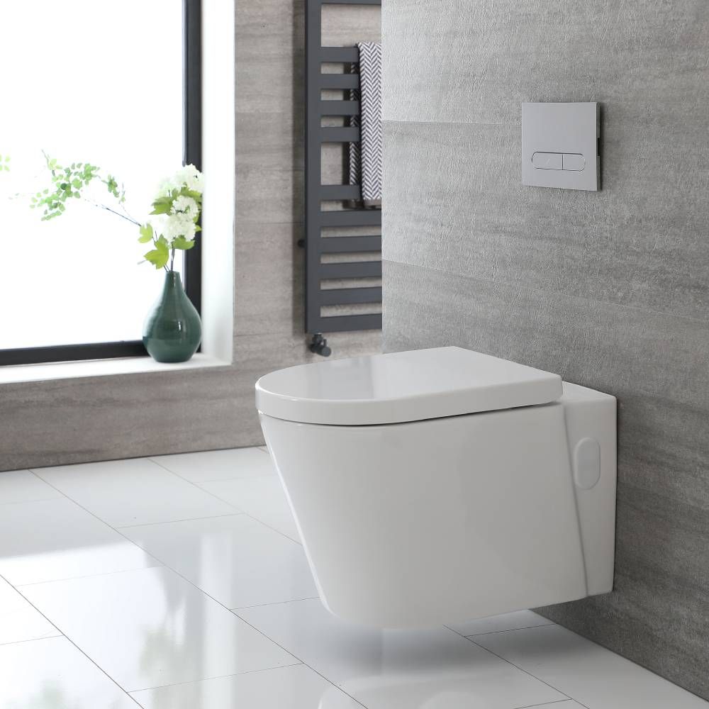 Milano Rivington - White Modern Round Rimless Wall Hung Toilet With Soft Close Seat