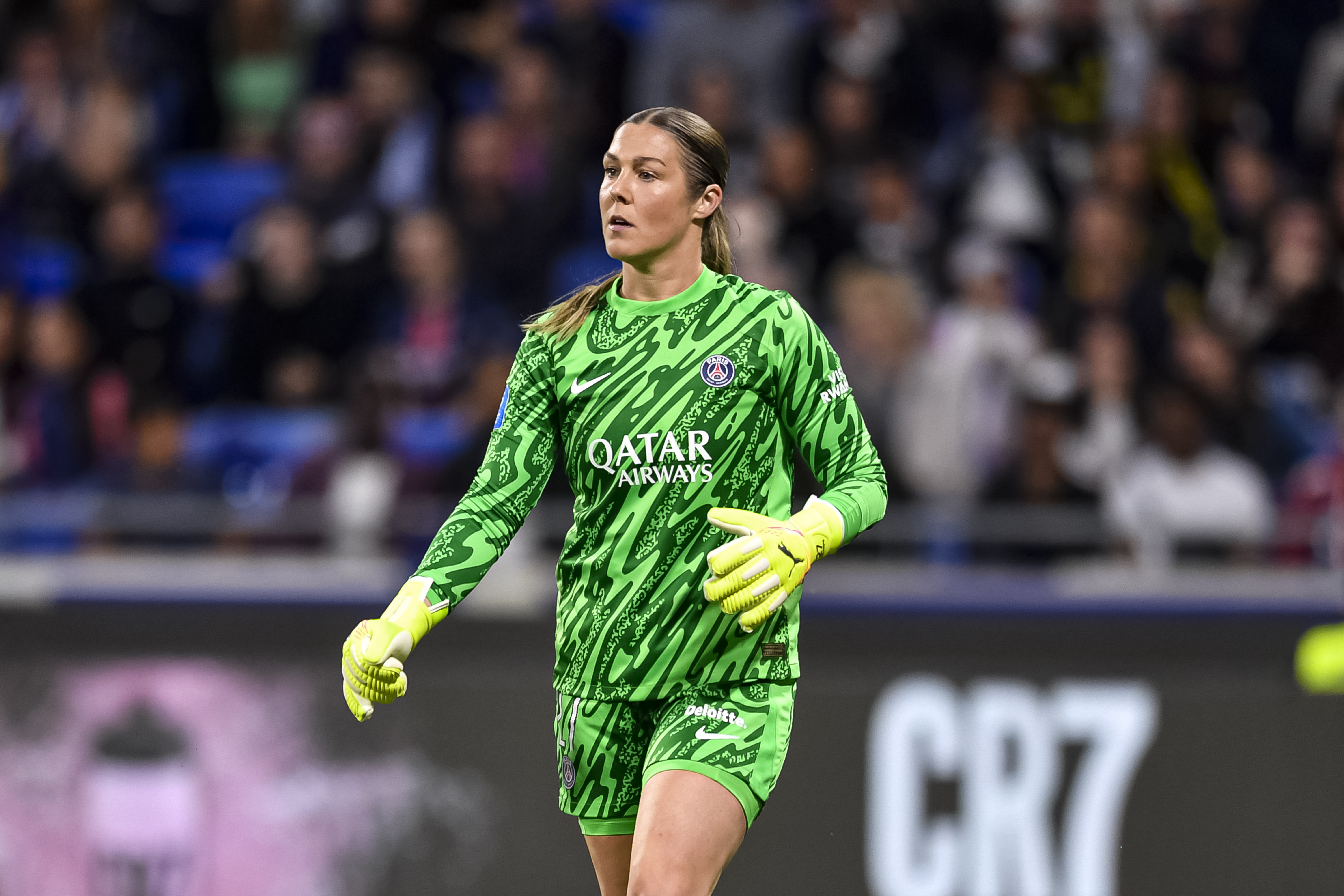 LYON, FRANCE - MAY 16: Goalkeeper Mary Earps of Paris Saint-Germain walks in the field during the Arkema Premiere Ligue Feminine, Final match between Lyon and Paris Saint-Germain on May 16, 2025 in Lyon, France. 