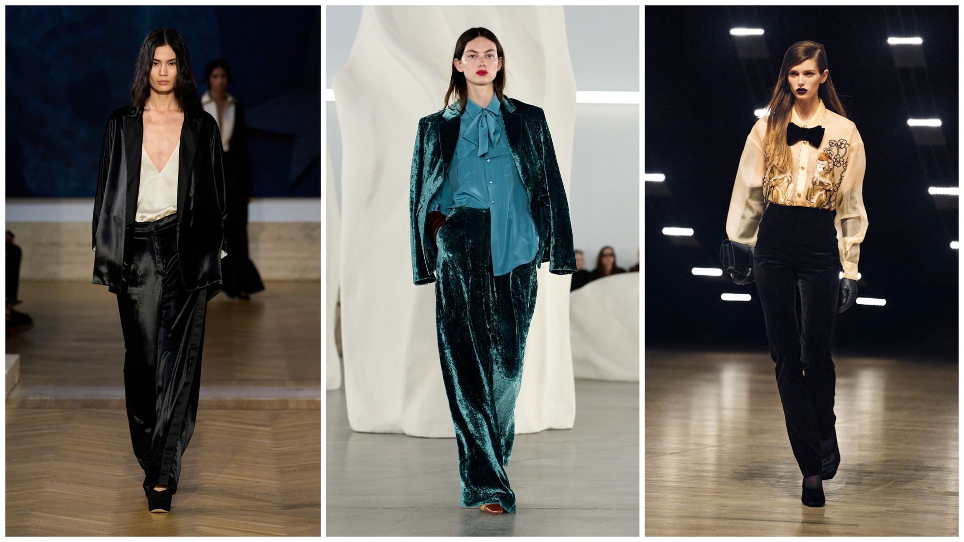 velvet pants on the fall 2026 runways of Fendi, Khaite, Ulla Johnson.