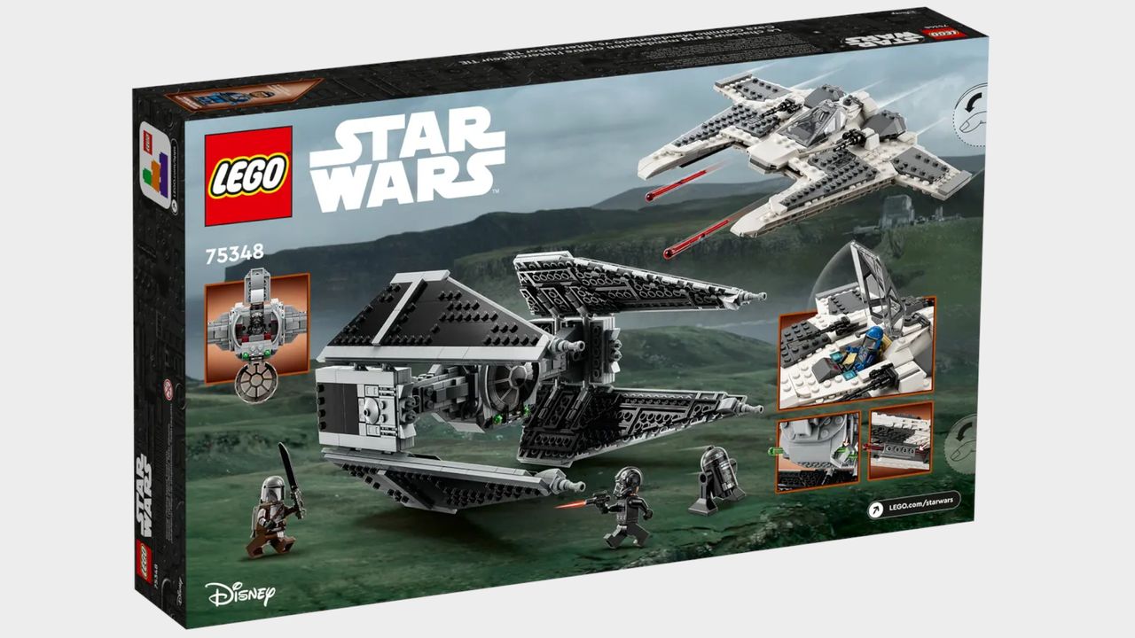 Lego Mandalorian Fang Fighter vs. TIE Interceptor set and box on a plain background