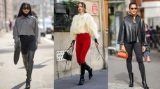 three street style images of people wearing leggings that are pants