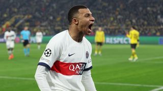 ylian Mbappe of Paris Saint-Germain celebrates scoring a goal ahead of Borussia Dortmund vs PSG in the 2024 Champions League