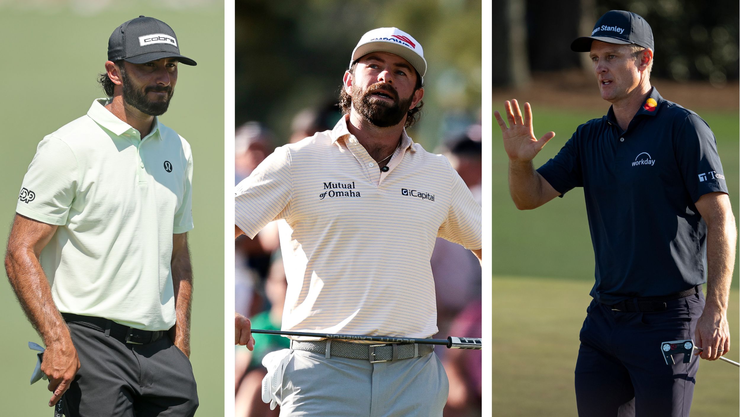 Three-way split image of Max Homa, Cameron Young, and Justin Rose at The Masters 2026